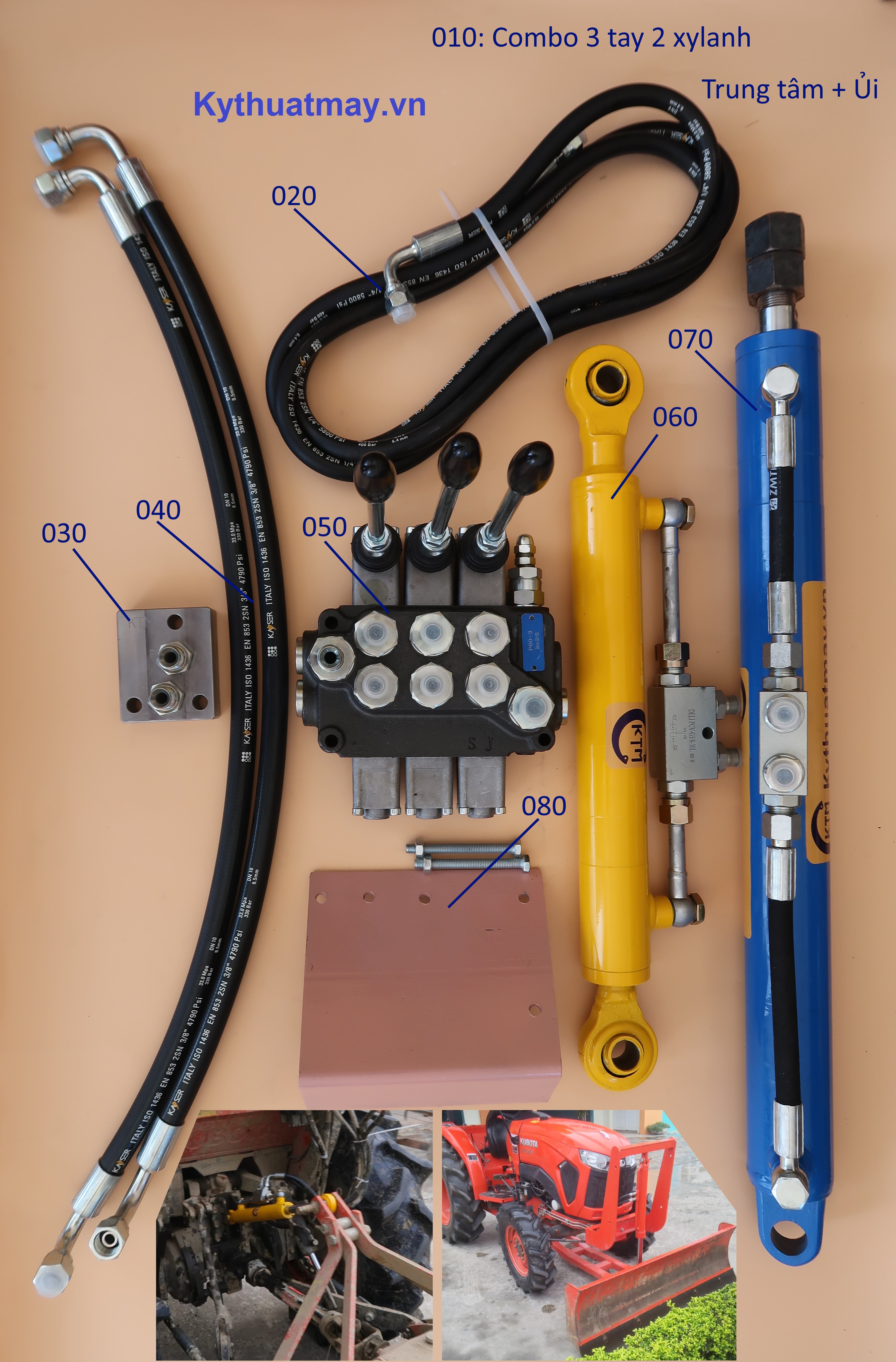 Combo van 3 tay 2 xylanh nghiêng ủi dây ren giá đỡ van đủ bộ